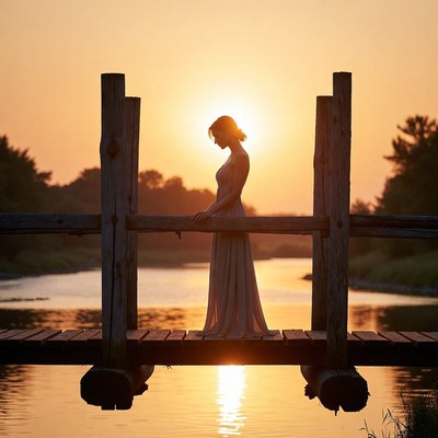 Woman stands on bridge at sunset