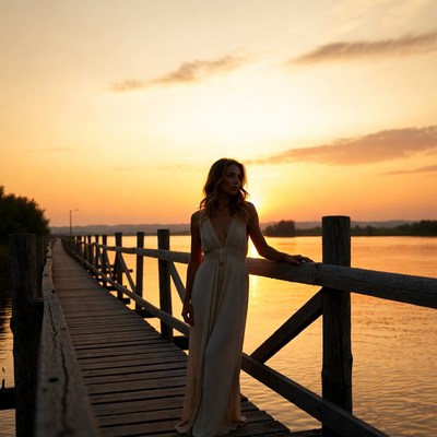 Woman standing on wooden dock at sunset