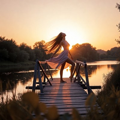 Woman standing on dock at sunset