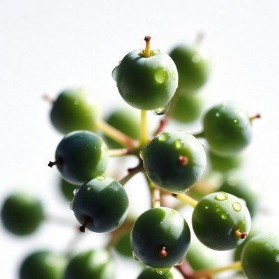 Green berries with water droplets on branches