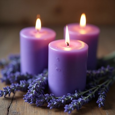 Purple candles and lavender on wooden table