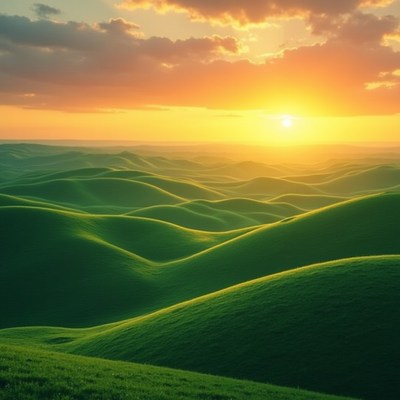 Sunset over green rolling hills
