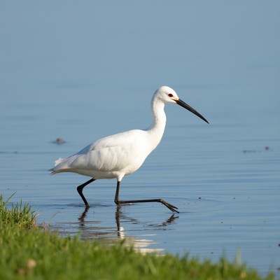 White bird wades in shallow water