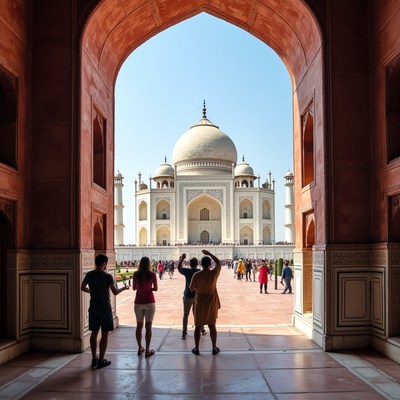 Visitors admire taj mahal view