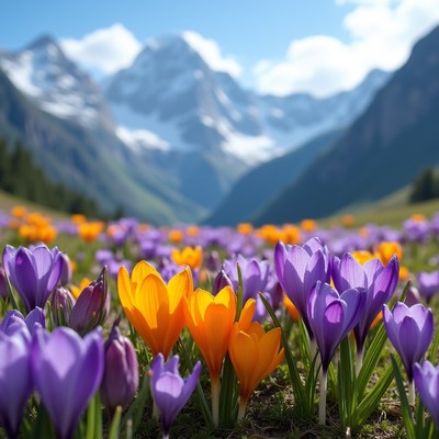 Crocuses bloom in mountain valley