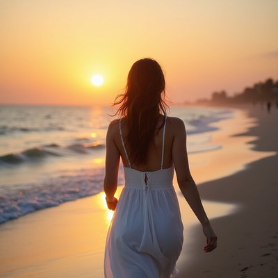 Woman walking along the beach at sunset