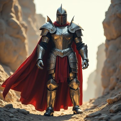 Knight in armor stands in rocky canyon