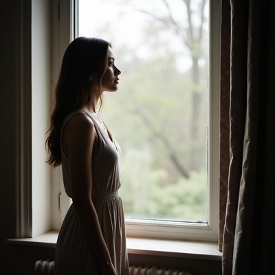 Woman looking out window quietly