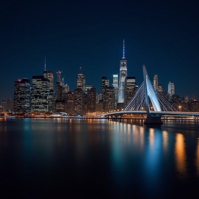 City skyline at night with bridge