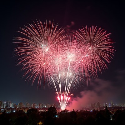 Fireworks display over city skyline