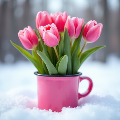 Tulips in pink cup on snow