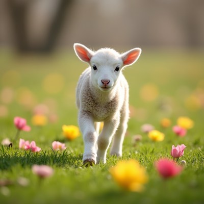 Lamb walking among colorful flowers
