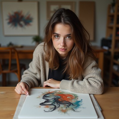 Young woman drawing in studio