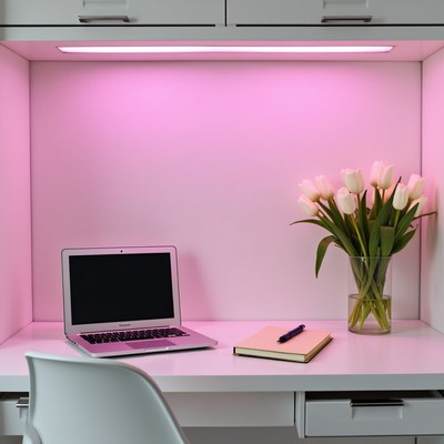 Home office setup with tulips