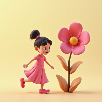 Girl playing near big flower