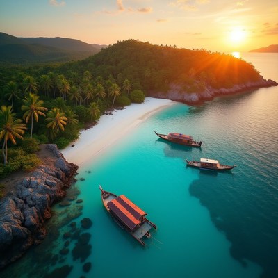 Sunset over beach with boats