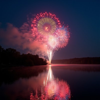 Fireworks over water at night