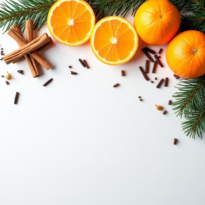 Oranges and spices on white background
