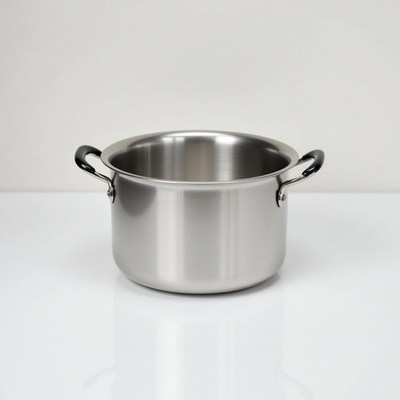 Stainless steel cooking pot on a white surface