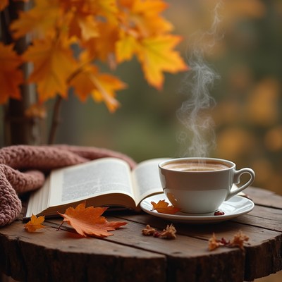 Warm drink and book in autumn