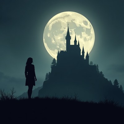 Woman stands before castle at night