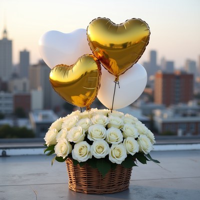 Heart-shaped balloons and roses display