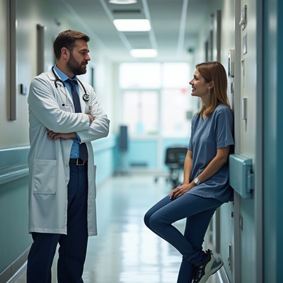 Doctor speaks with patient in hospital hallway