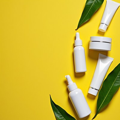 Skincare products with green leaves on yellow