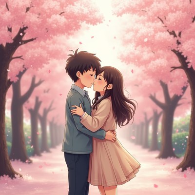 Couple embraces under cherry blossoms