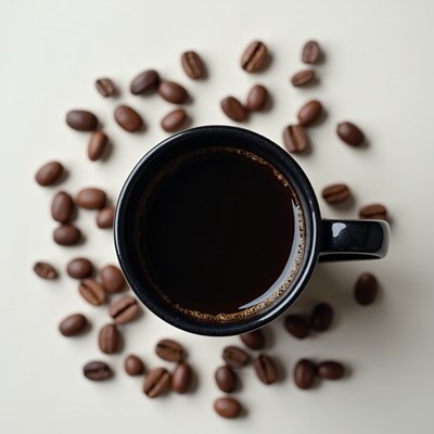 Black coffee in a cup with beans