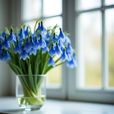 Blue flowers in a glass vase by the window