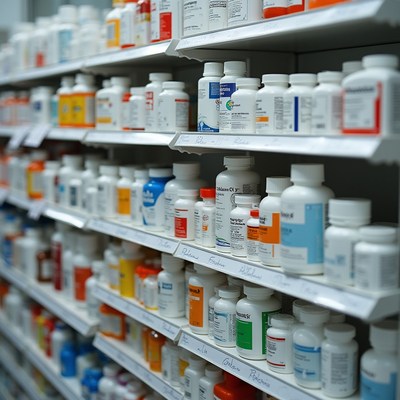Rows of bottles on pharmacy shelves