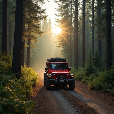 Jeep driving through forest at sunset