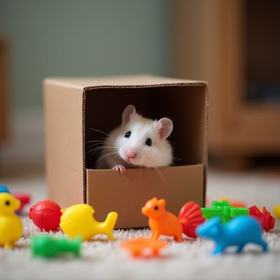 Hamster plays with colorful toys