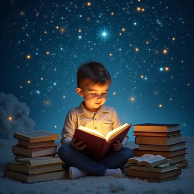 Child reading under starry sky