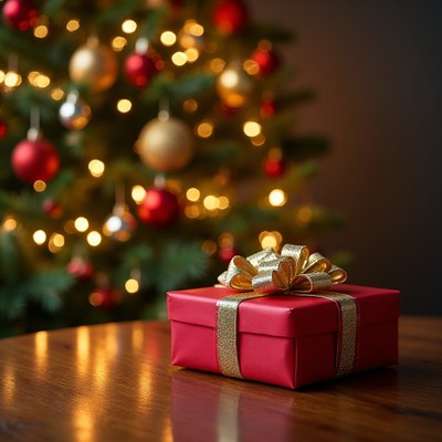 Gift under christmas tree with lights