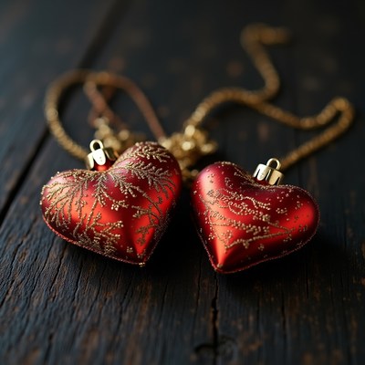 Decorative red heart ornaments on a wooden surface