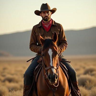 Cowboy riding horse in desert landscape