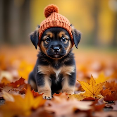 Puppy wearing hat in autumn