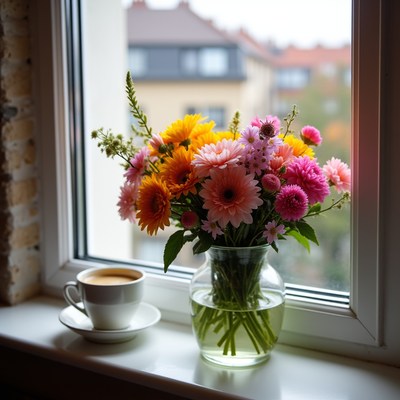 Coffee and flowers by the window