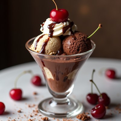 Delicious ice cream sundae with cherries