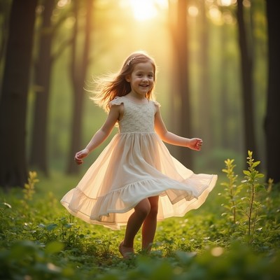 Girl playing in the forest at sunset