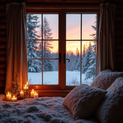 Winter sunset from a cozy cabin