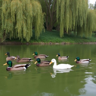 Ducks swimming in a park pond