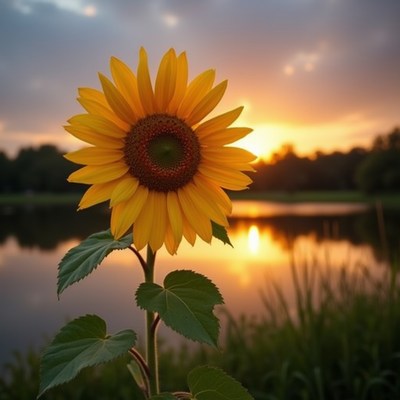 Sunflower by the lake at sunset