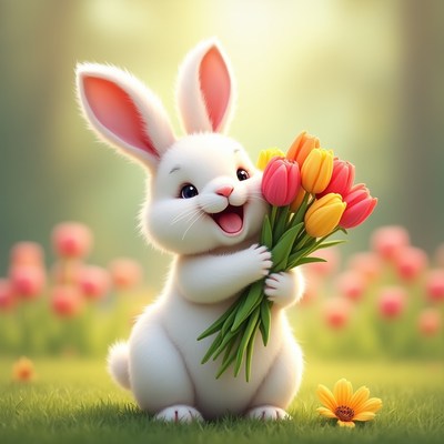 Cute rabbit holds flowers in spring