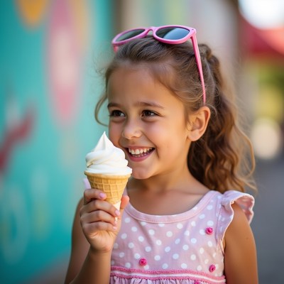 Girl enjoying ice cream cone with smile