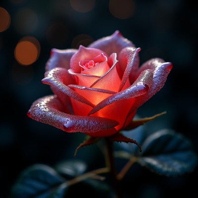 Red rose illuminated at night