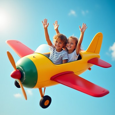 Kids flying toy airplane in blue sky