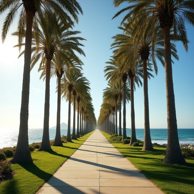 Palm trees line ocean path